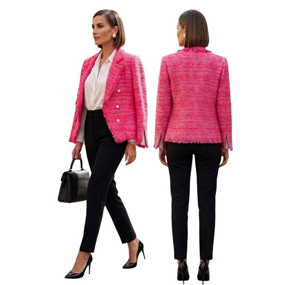 Luisa Spagnoli Hot Pink Tweed Breasted Blazer Jacket Frayed Fringe Pearl 42 US
M